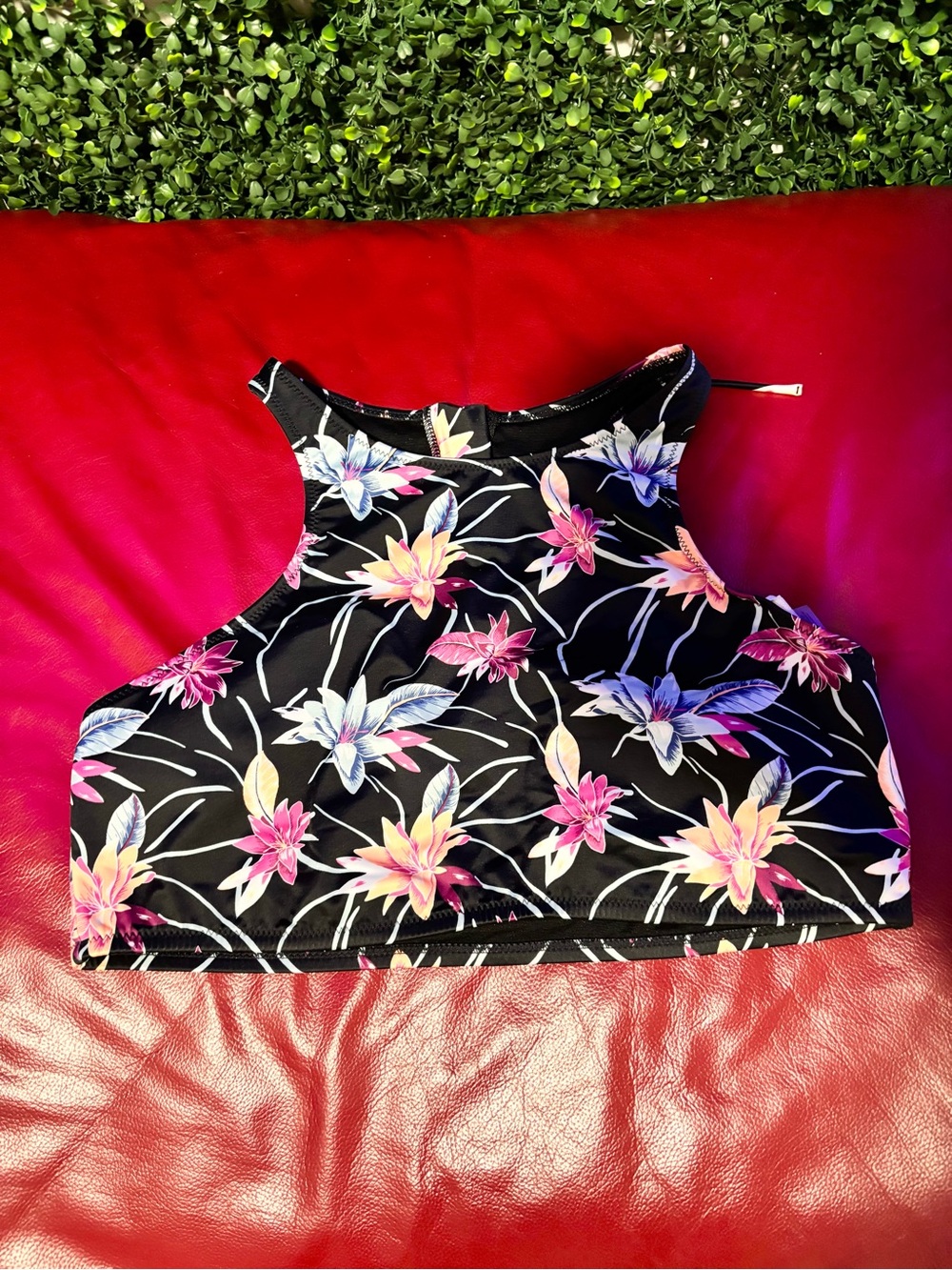 Roxy Black Floral High-Neck Crop Top with Pink & Purple Flowers